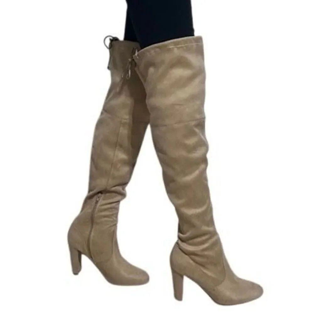 NWOT Over The Knee Heeled Boots Women's Size 8.5 Tan Thigh High Inside Zipper